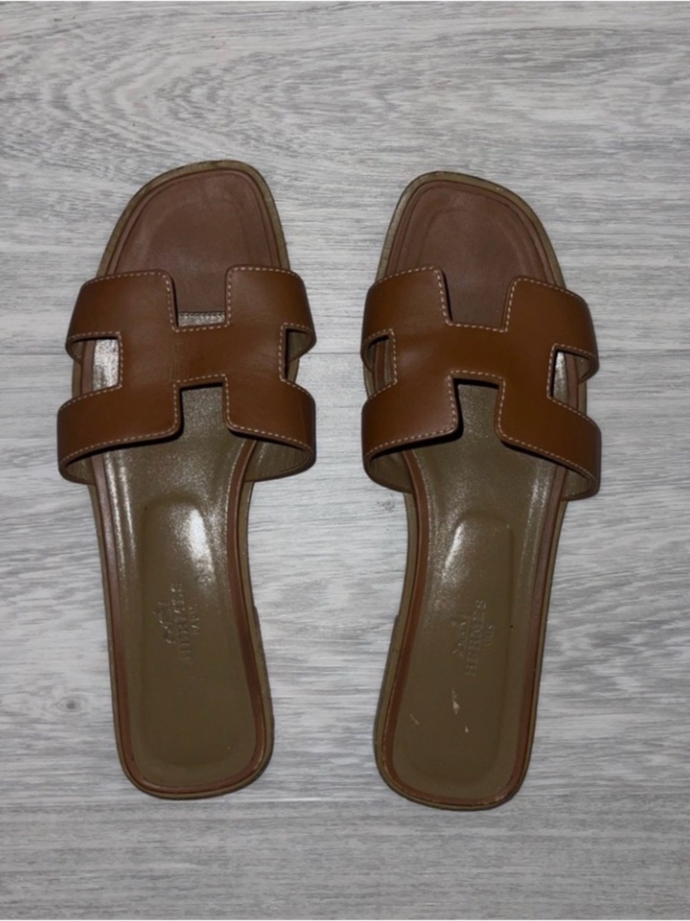 Hermes Brown Oran Leather Slide Sandals - Picture 1 of 11